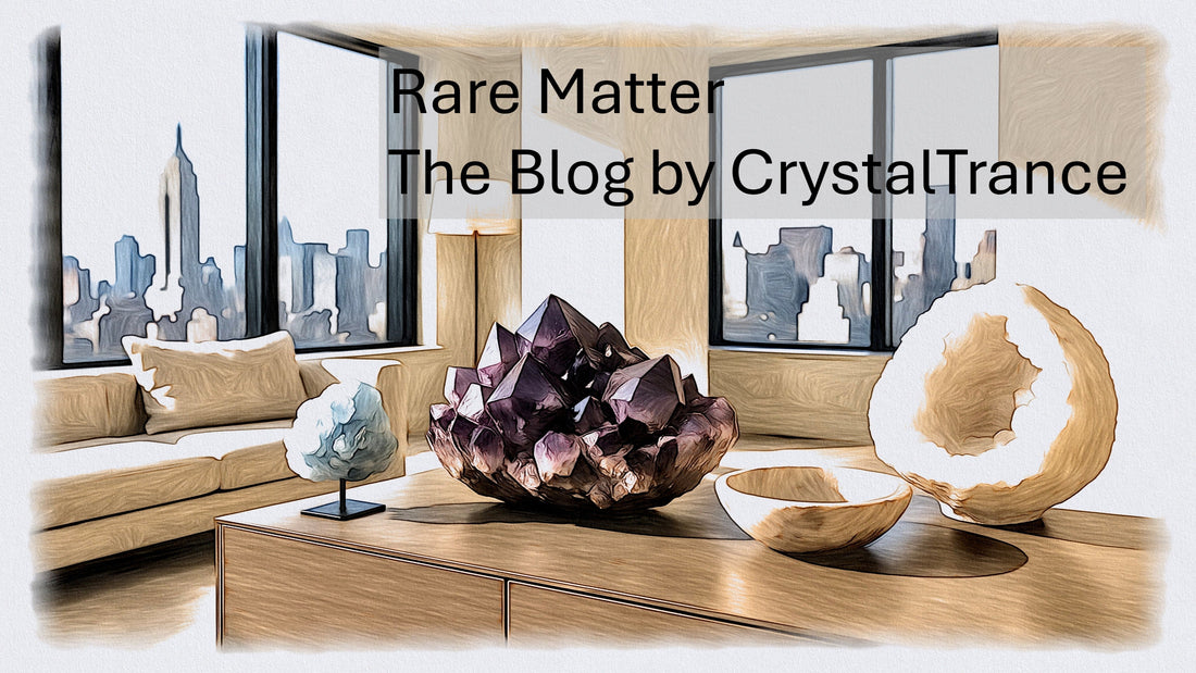 Interior design detail with raw crystal specimens on credenza