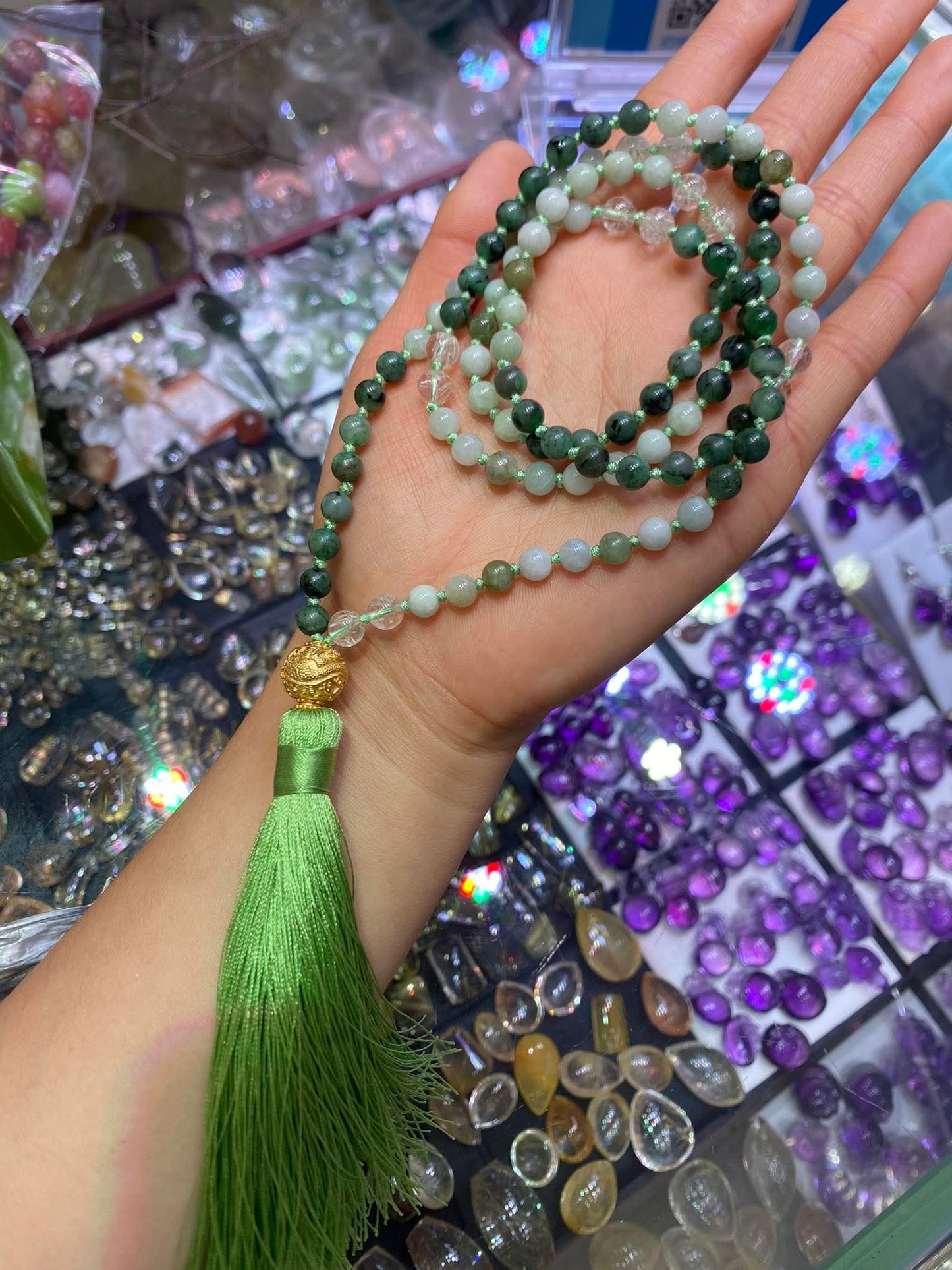 Emerald, Jade & Phantom Snowflake Quartz Meditation Necklace