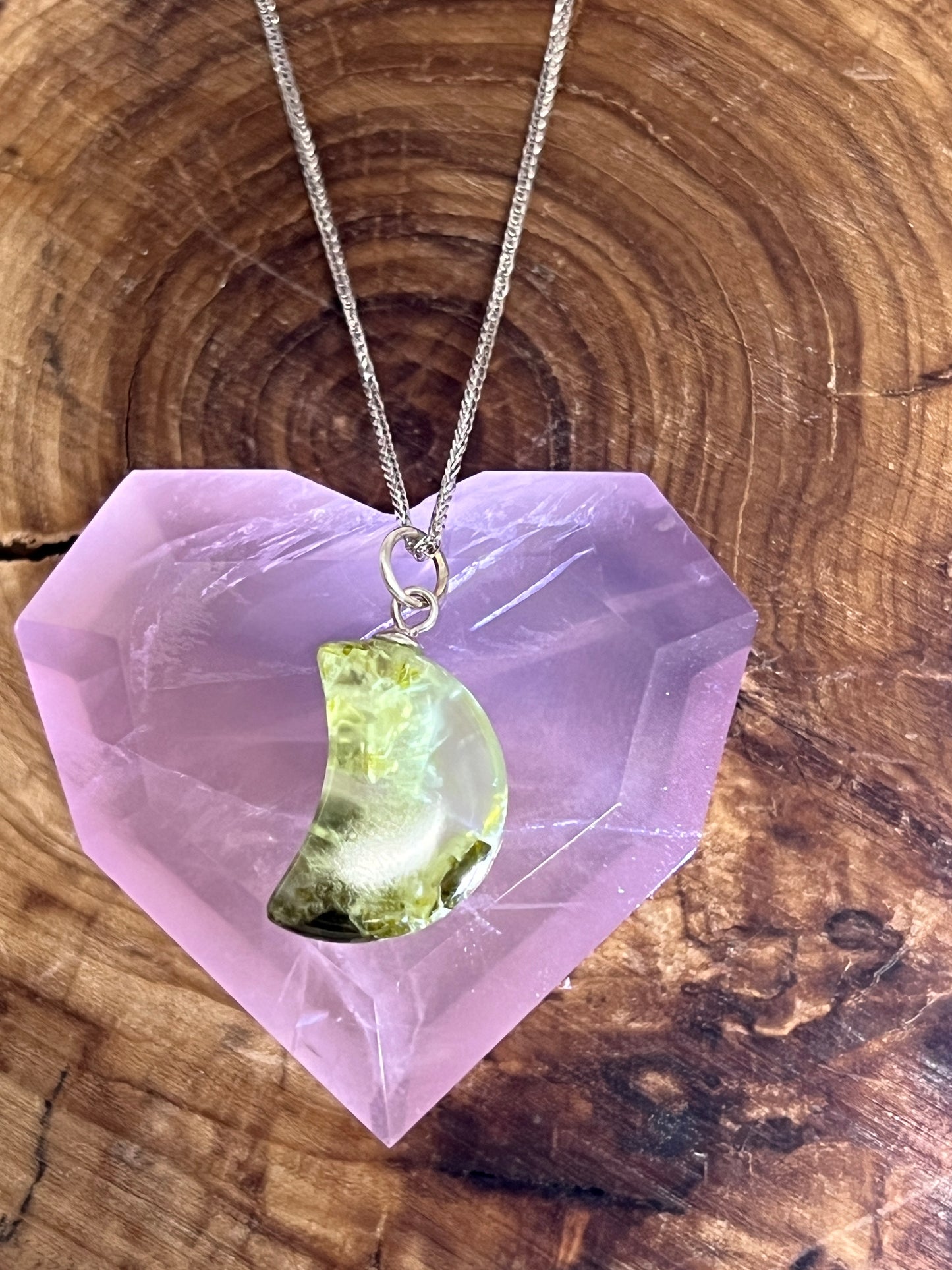 Prehnite and Epidote Heart, Star, and Moon Necklaces