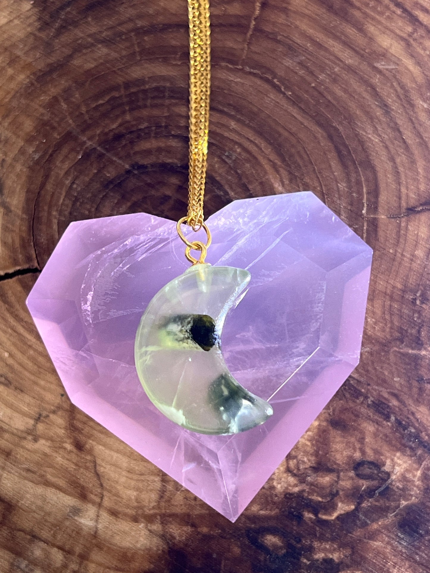 Prehnite and Epidote Heart, Star, and Moon Necklaces