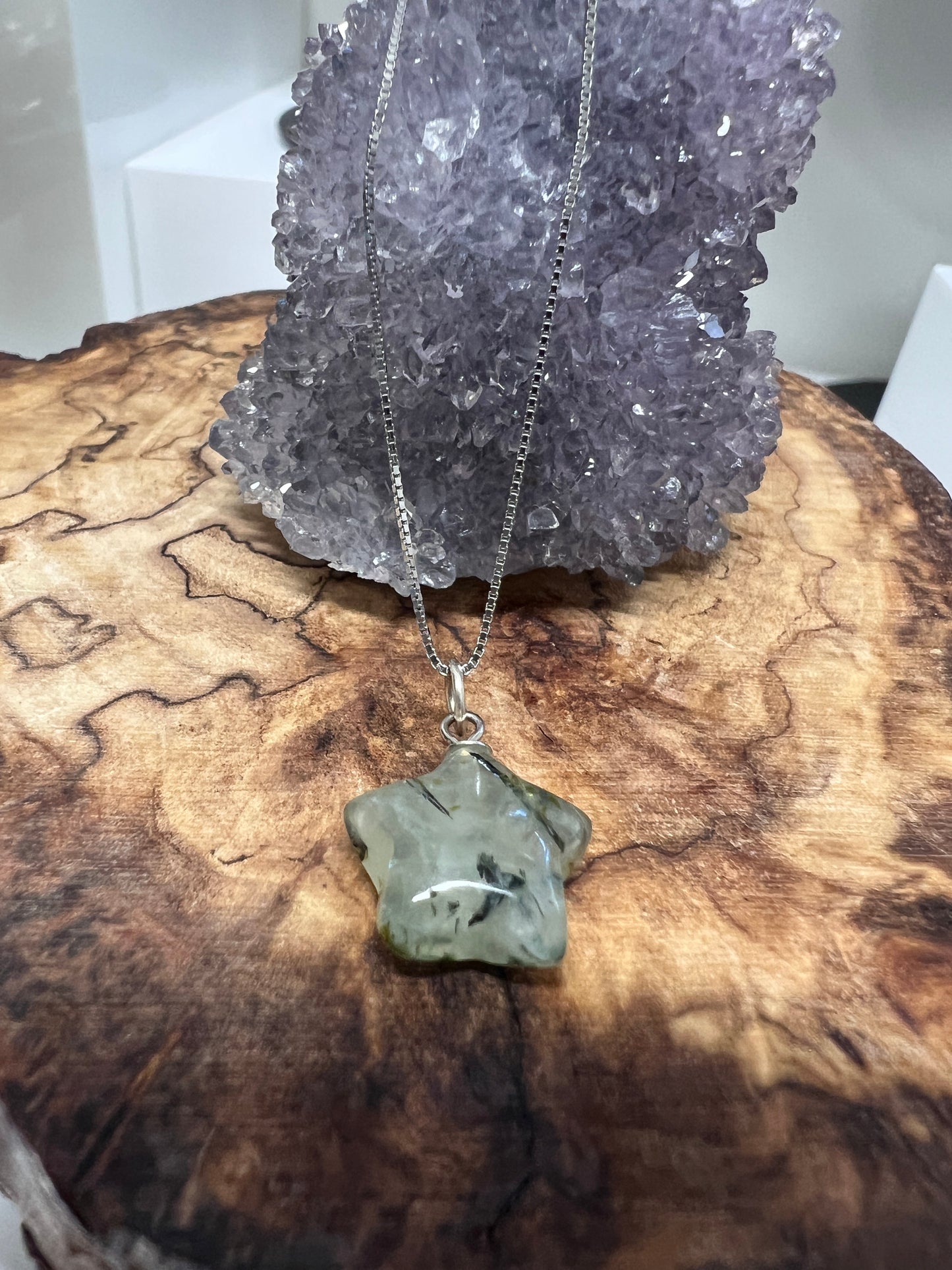 Prehnite and Epidote Heart, Star, and Moon Necklaces