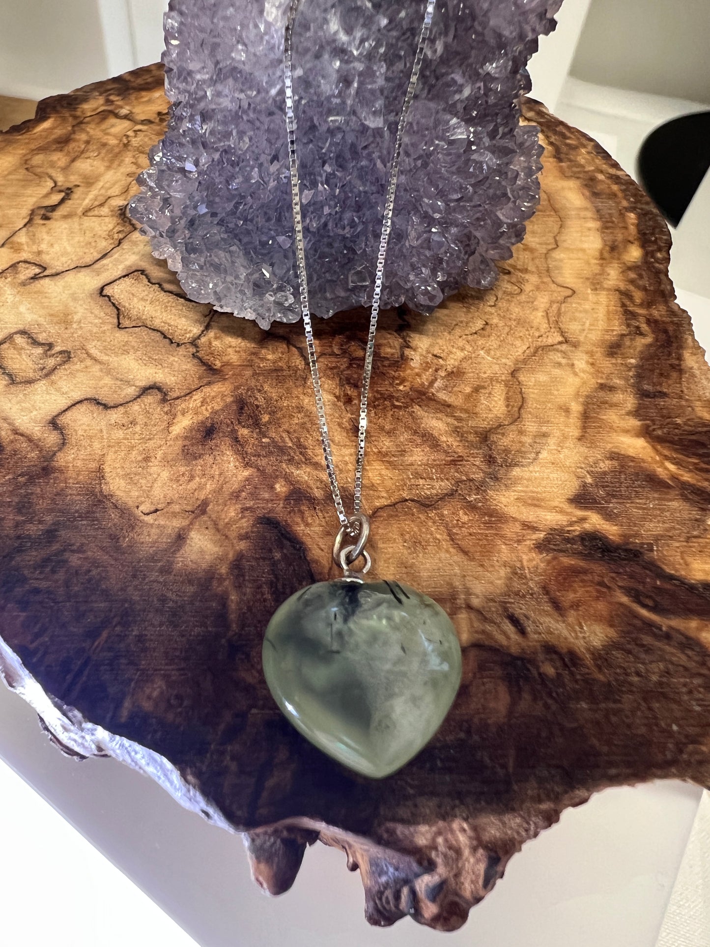Prehnite and Epidote Heart, Star, and Moon Necklaces