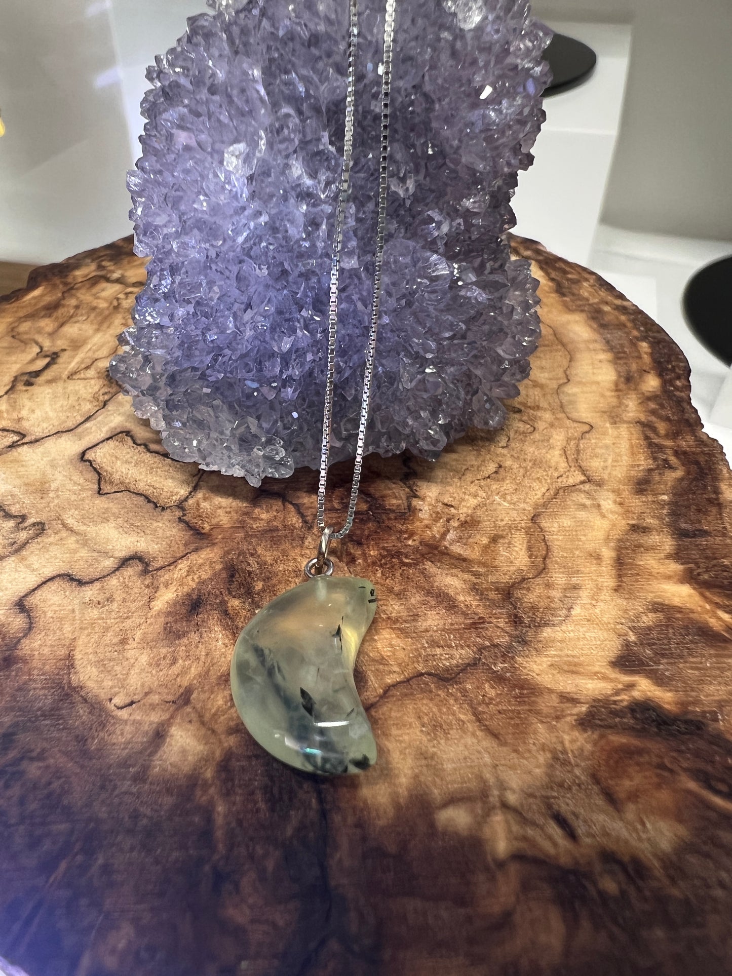 Prehnite and Epidote Heart, Star, and Moon Necklaces