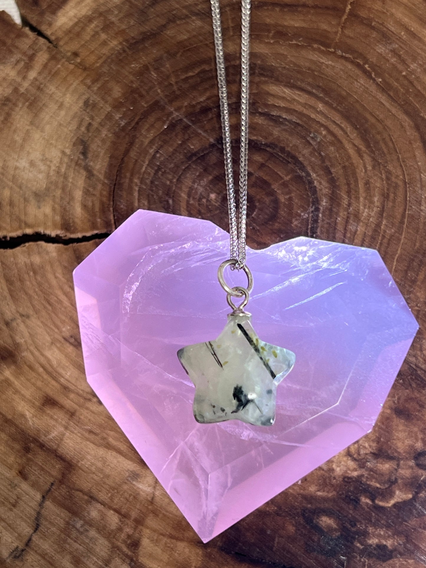 Prehnite and Epidote Heart, Star, and Moon Necklaces