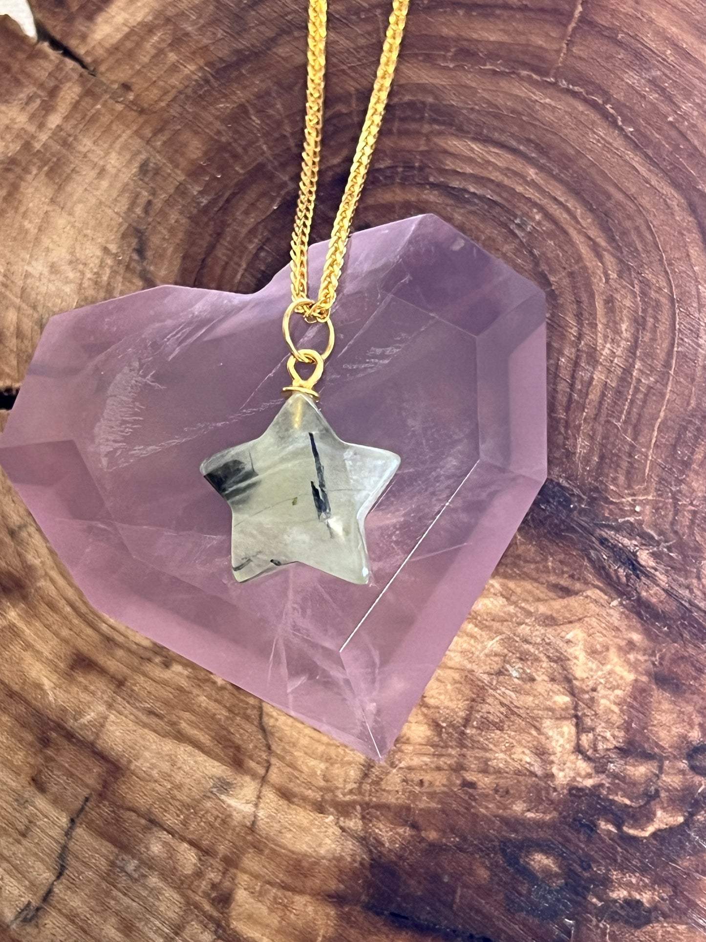 Prehnite and Epidote Heart, Star, and Moon Necklaces