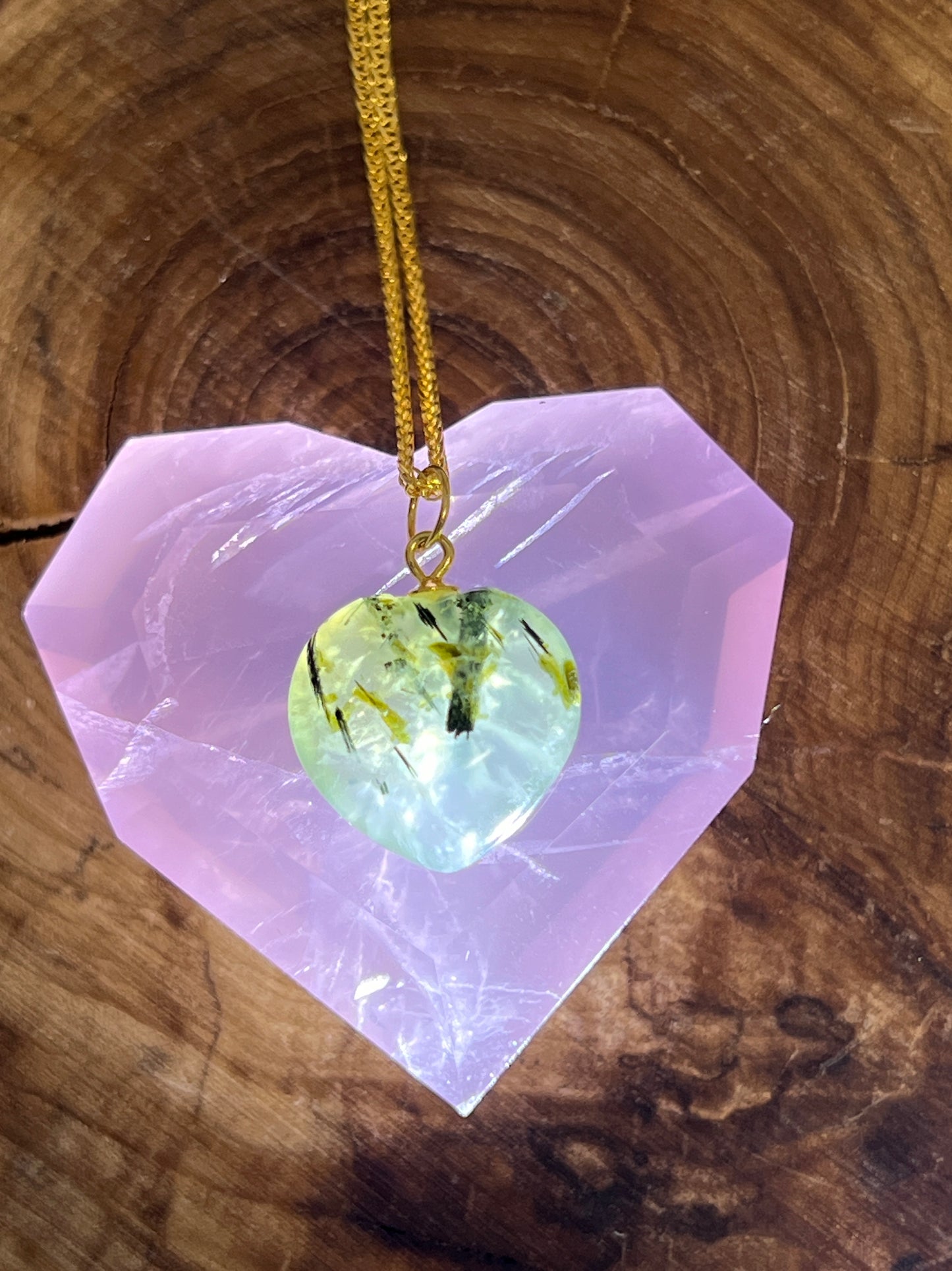 Prehnite and Epidote Heart, Star, and Moon Necklaces